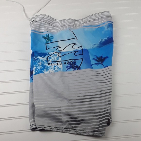 Billabong Shorts Mens 34 Striped Logo Gray Blue White Board Shorts - Picture 8 of 12